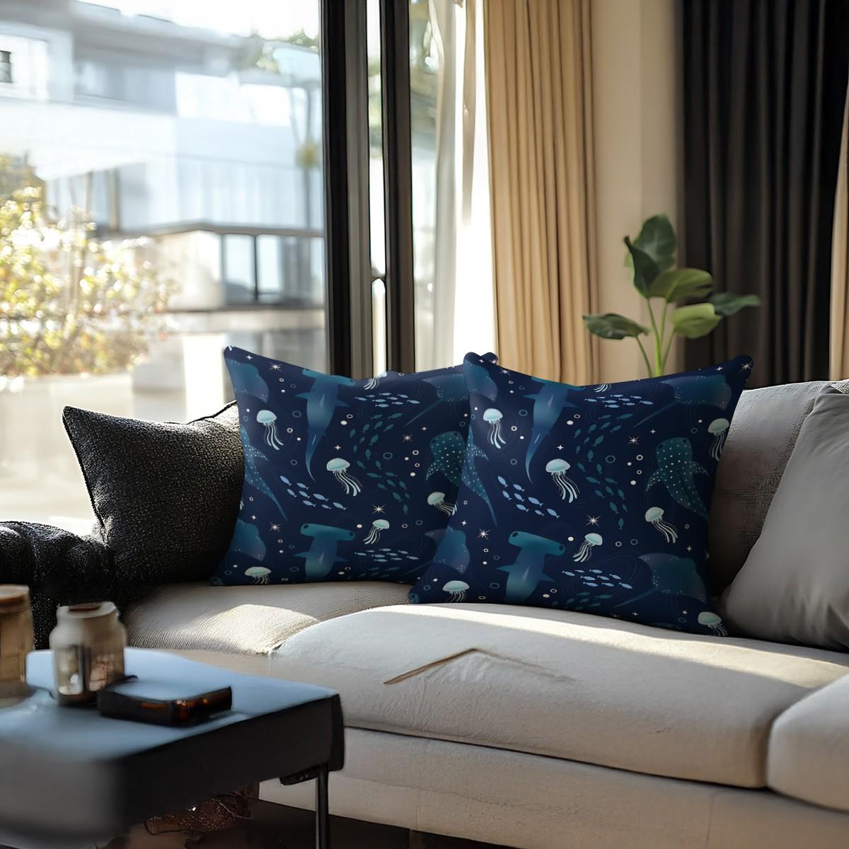 Deep-Sea Creature Patterned Throw Pillows, a Lively Hammerhead Shark and Jellyfish, 45cm Square and Include a Pillow Insert. Perfect Choice for Ocean-Themed Decor, Offering Soft Comfort and an Ideal Addition to Sofas and Bedrooms.