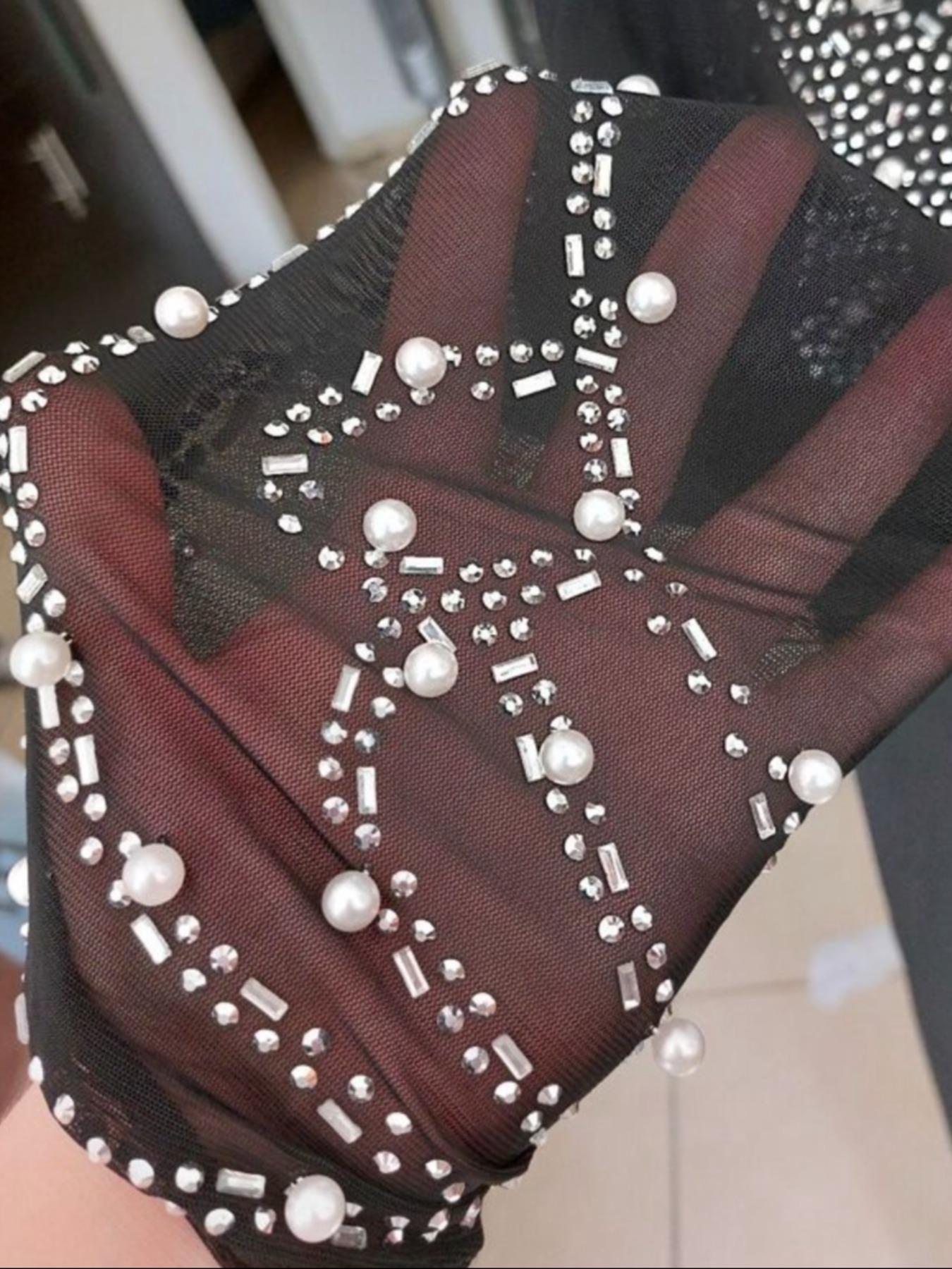 Women's Rhinestone Decor Contrast Mesh Split Thigh Slit Bodycon Dress, Elegant Long Sleeve Stand Collar Evening Party Formal Wear Gown, Ladies Clothes for All Seasons