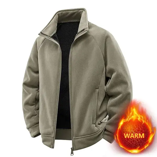 Men's Khaki Fleece-Lined Sherpa Jacket - Full Zip Design, Warm Insulation, Versatile Outdoor Jacket for Cool Weather