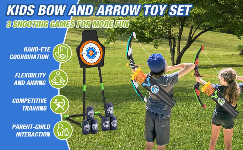 Bow and Arrow for Kids, LED Light Up Archery Set with 12 Suction Cup Arrows, 1 Standing Target, 3 Score Targets & 1 Quiver, Indoor Outdoor Sport Gifts for Boys Girls Ages 3-12, Green/Blue