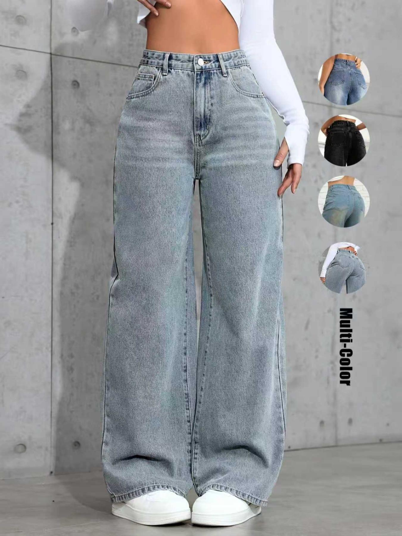 Women's New Fashion Wide Leg Pants Comfortable High Waist Slimming Washed Denim Long Jeans, Elegant Style, All Seasons Wear