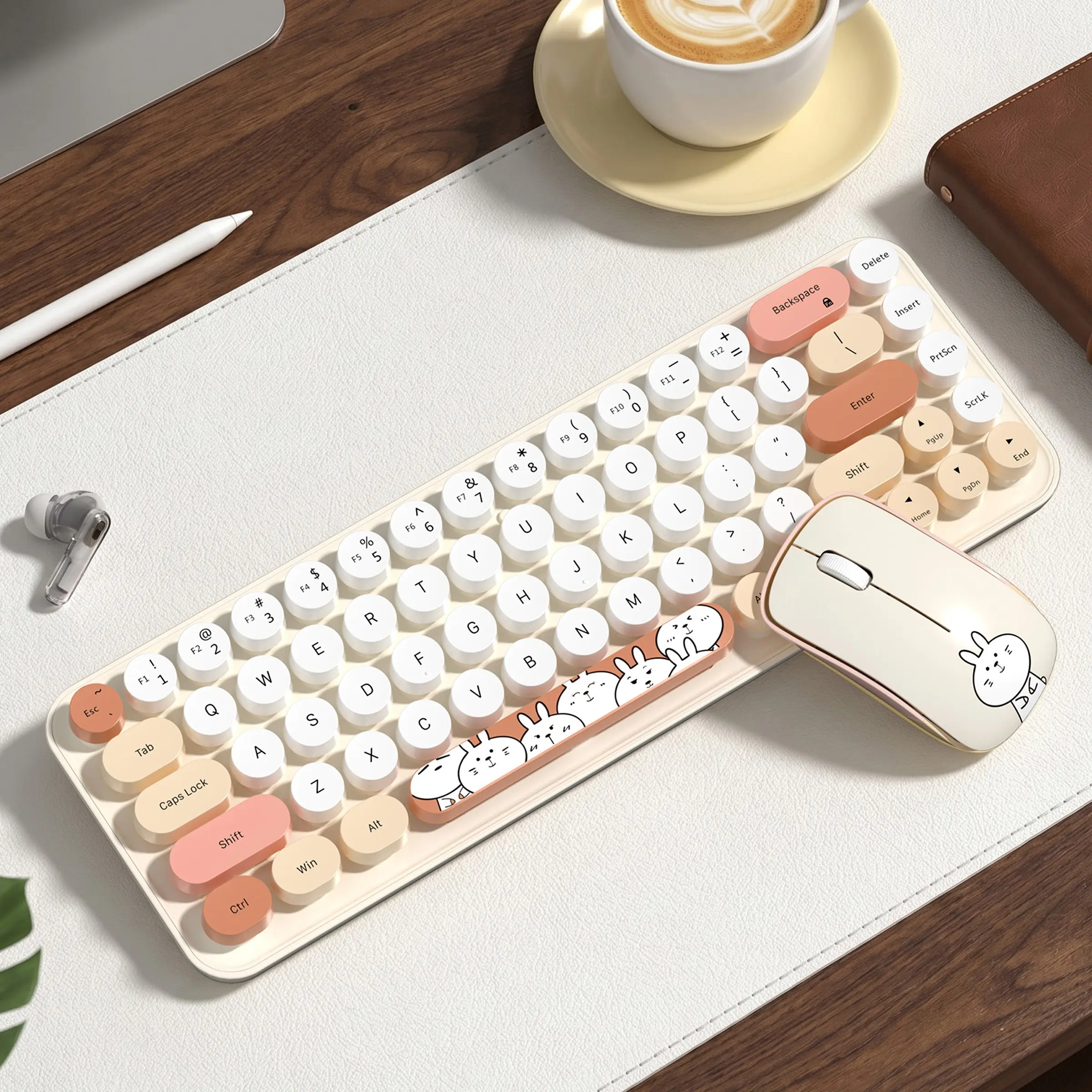 MOFii idol pro Wireless Cartoon Rabbit Keyboard and Mouse Set, Milk Tea Color Block 75% Compact Round Keycaps Keyboard, Portable Office Combo for Desktop & Laptop