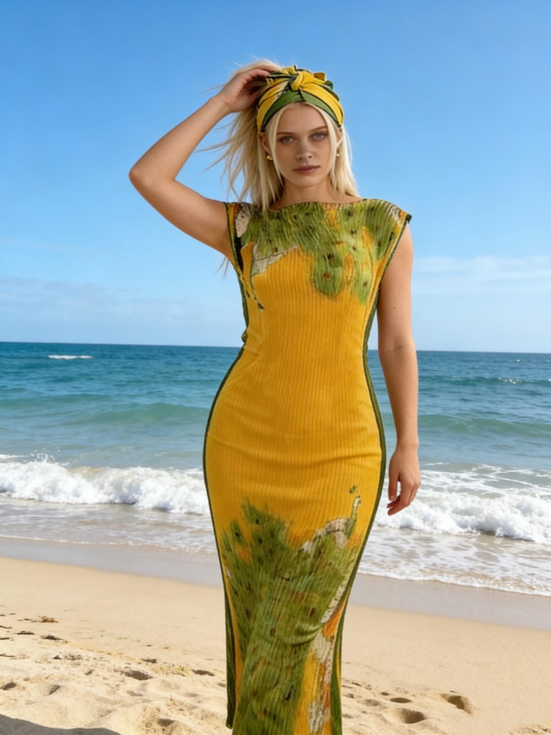 1dress+1headscarf Lemon Yellow High Stretch Green Peacock Print Pleated Bodycon Maxi Dress with Matching Headscarf – Sleeveless Printed Formal Gown, Plus Size Friendly, Elegant Evening Wear for Weddings, Galas & Beach Vacations, One Size Fits Most