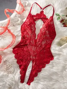 Women's Color Block Lace Crisis Cross Design Sexy Bodysuit, Romantic Comfortable Breathable Deep V Backless for Intimate Occasions, Elegant Bow Decored Lingerie for Special Nights