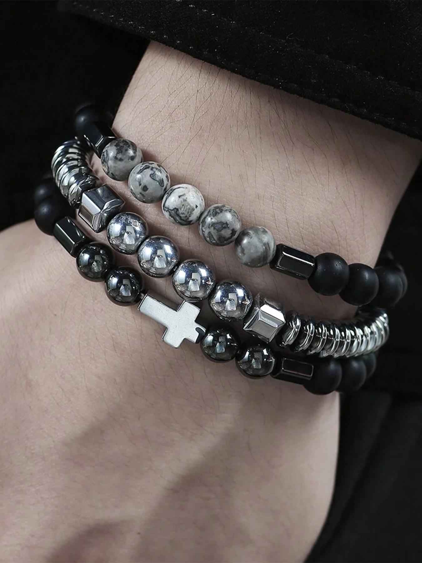 Men's Stainless Steel Cross Pendant Bracelet Set, Casual Beaded Design, Agate Stone, Perfect for Daily Wear & Parties