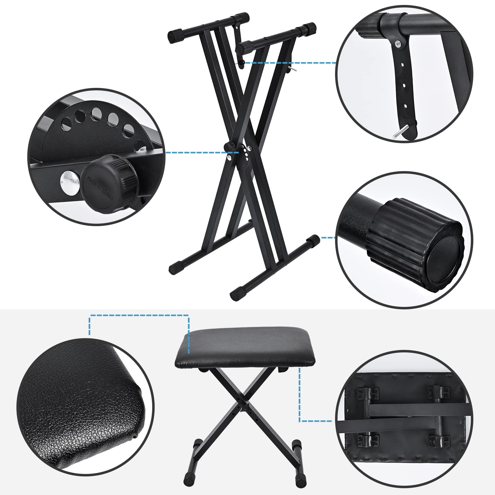 Heavy Duty Double-X Keyboard Stand And Piano Bench Adjustable Portable Digital Piano Stand With Locking Straps For Music Performance Entertainment Valentine's Day Gift Father's Day Gift
