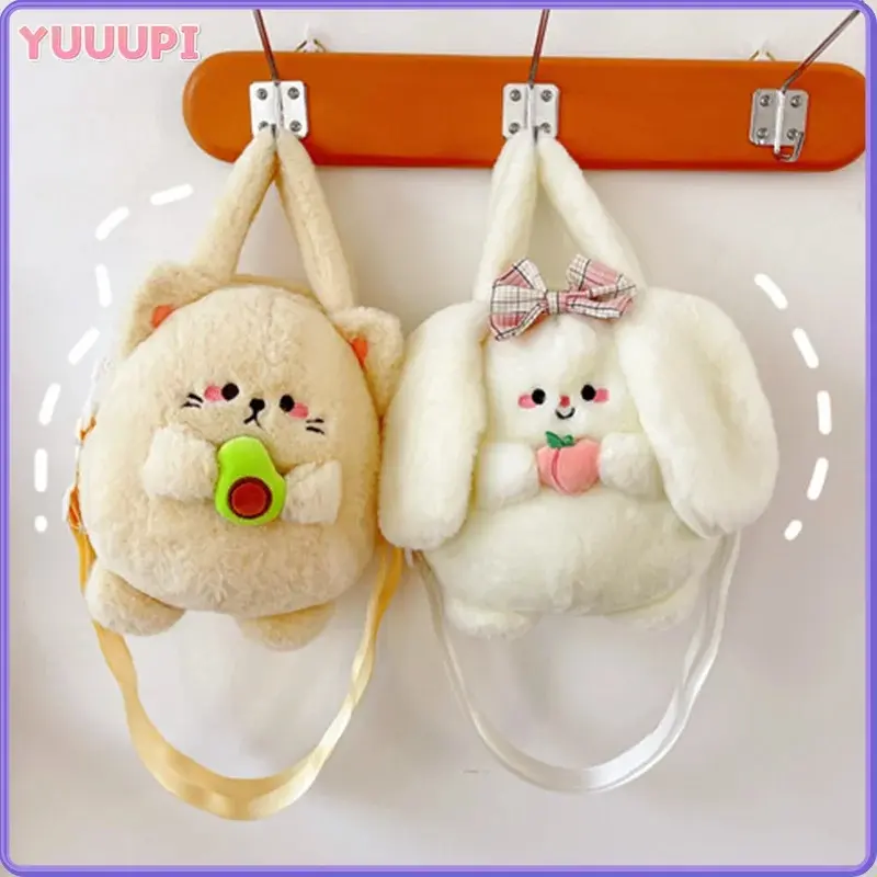 New Rabbit Kitten Plush Toy Backpack Stuffed Animal Rabbit Hold Peach Cat Hold Avocado Portable Shoulder Bag Girl Birthday Gifts