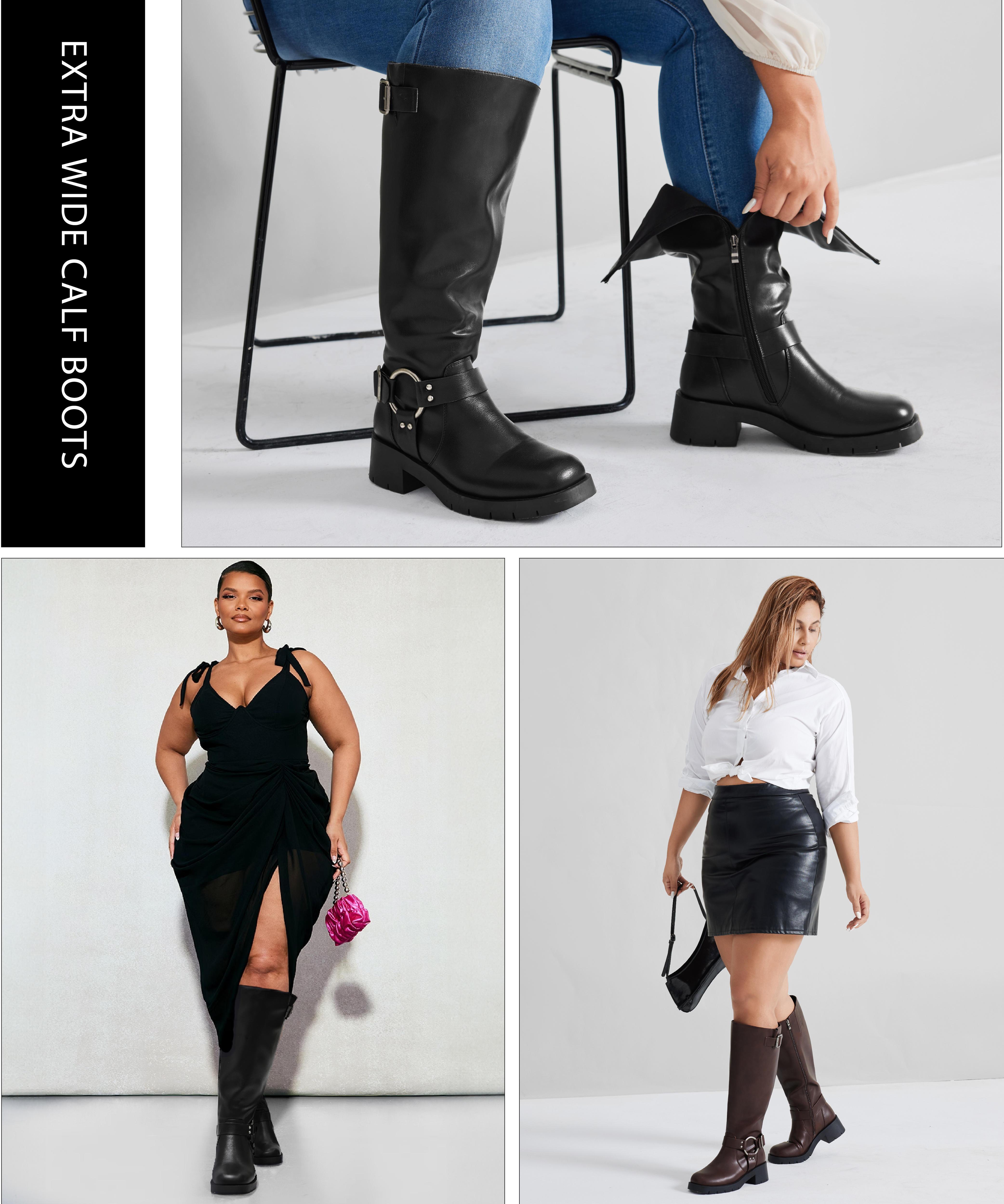 Wide Calf Boots for Women - Knee High Square Toe Wide Width Platform Plus Size Tall Boots with Side Zip, Elastic bands Buckle Chunky Heel Wide Leg Fashion Motorcycle Boot for Spring Fall, Valentine's Gift