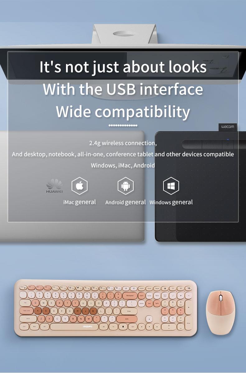 MOFii 1 Set Wireless Keyboard and Mouse Combo, Silent for Girls Office, Milk Tea Color Round Keycaps, Universal for Laptop/Desktop, US Qwerty (Batteries Not Included)