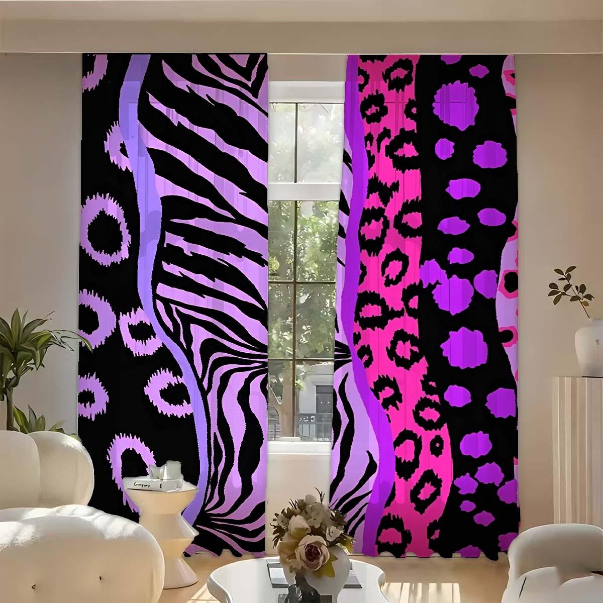 Creative Zebra Leopard Print Curtains Set, Block, Polyester Fiber, Kitchen Bedroom Office Living Room Decor, Home Textile