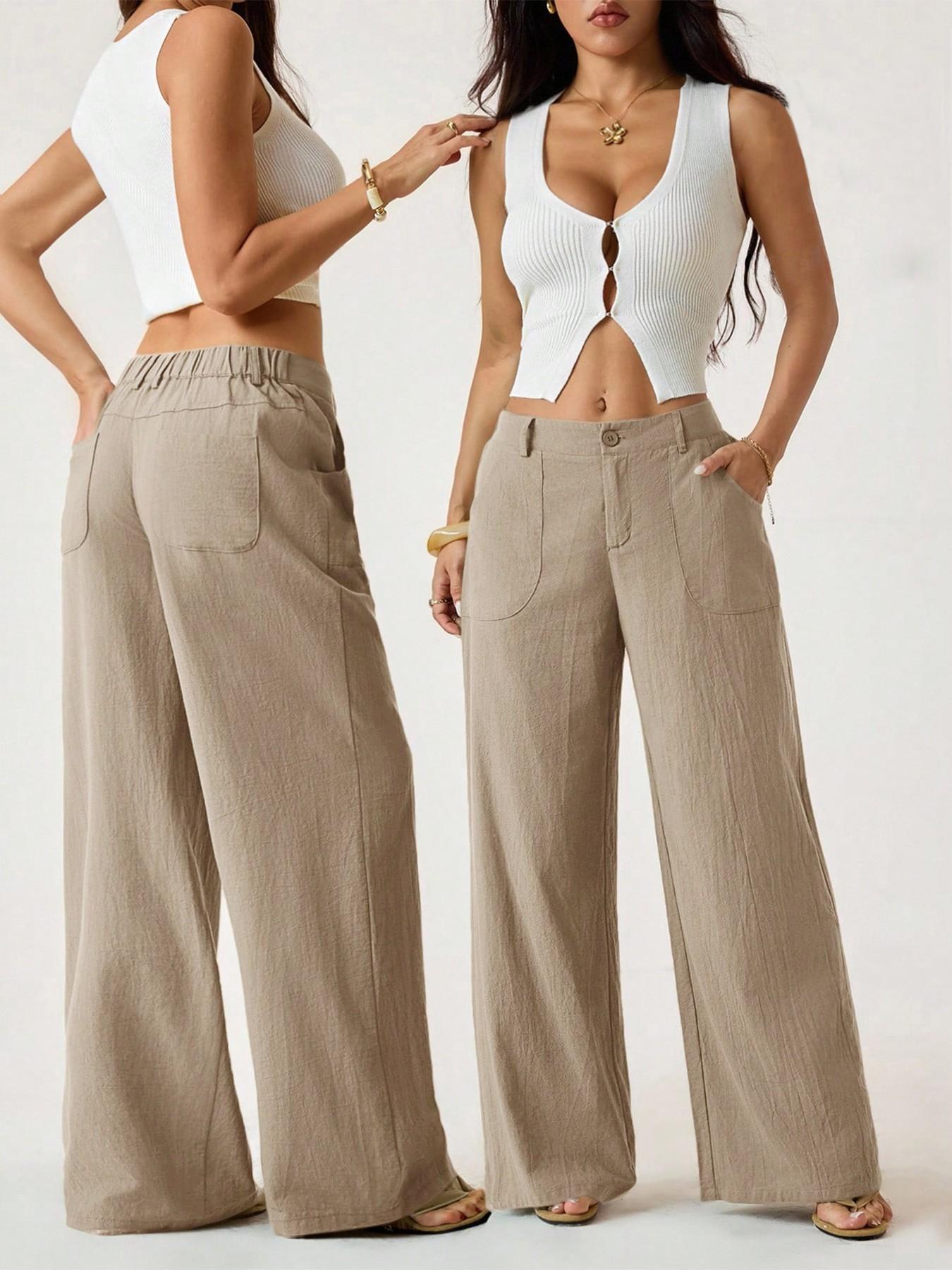 Women's Classical Linen Palazzo Pants Summer Flowy Wide Straight Leg Beach Trousers With Pocket Casual Solid Color Soft Elastic High Waist Lounge Pants Travel Vacation Bottoms Date Brunch Home Work Streetwear Outfit