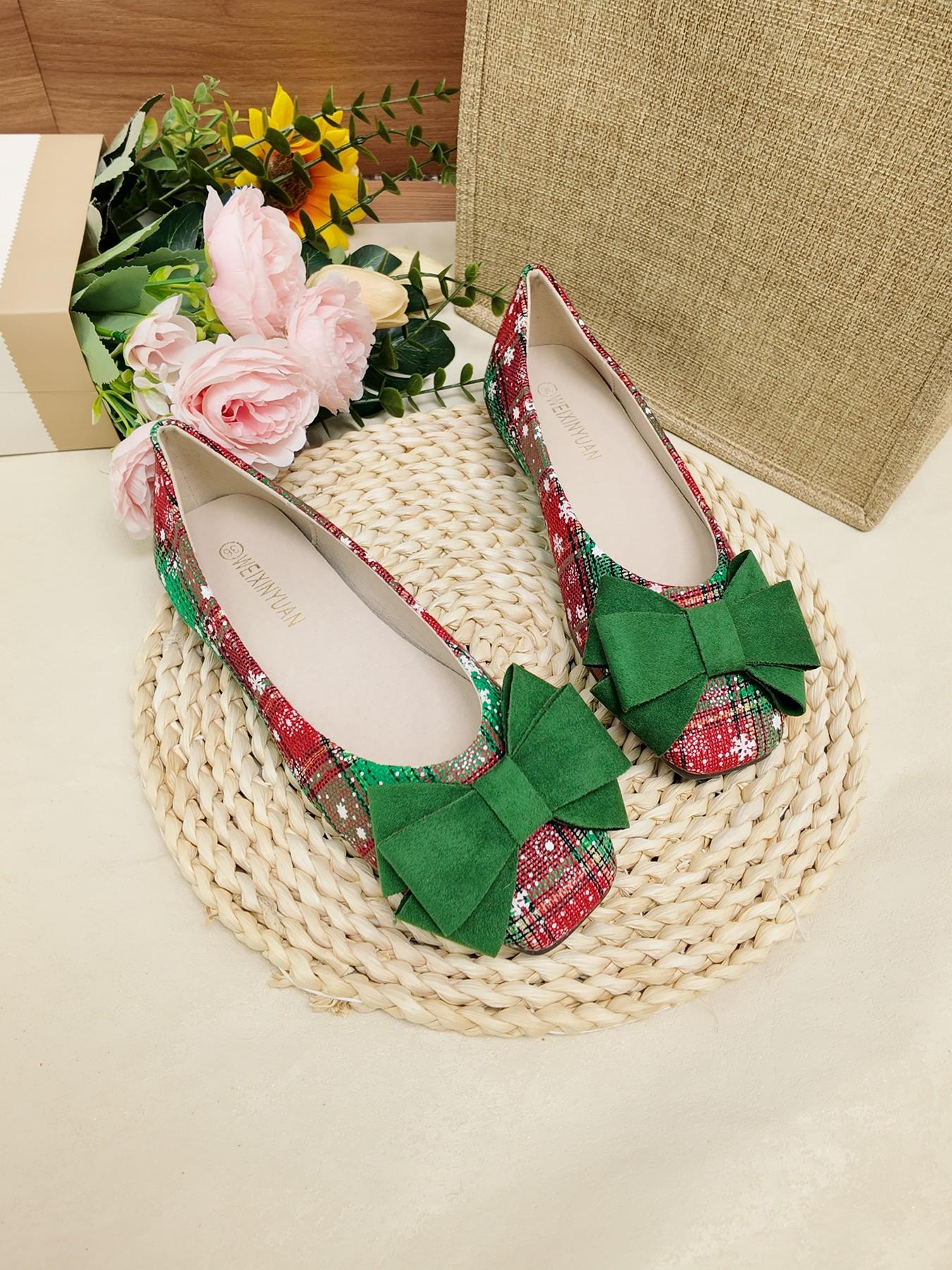 Christmas Limited Edition Plaid Bow Flat Shoes, Soft Sole Anti-Slip Versatile, Holiday Atmosphere, Daily Commute Women's Shoes