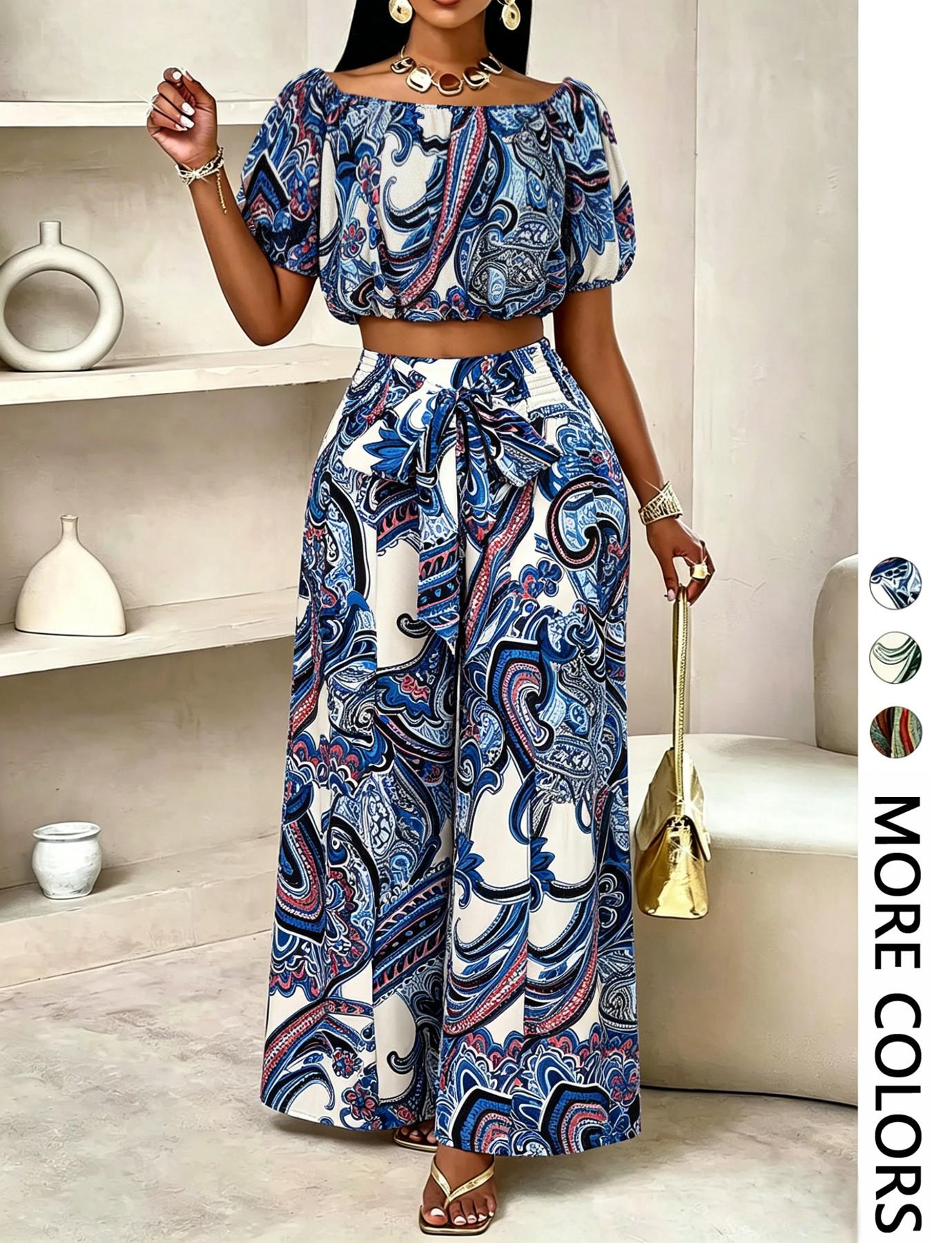 Summer Beach Vacation Bow Shoulderless Round Neck Shirt Wide Leg Pants Set, Casual Loose-Fitting, Women's Fashion, Womenswear
