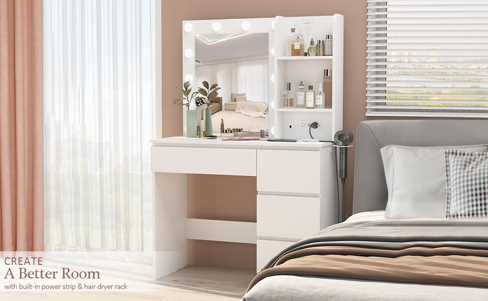 Vabches Makeup Vanity with Lights, 37inch Vanity Desk with Power Strip, 4 Drawers Makeup Table with Lighted Mirror, 3 Lighting Colors, White