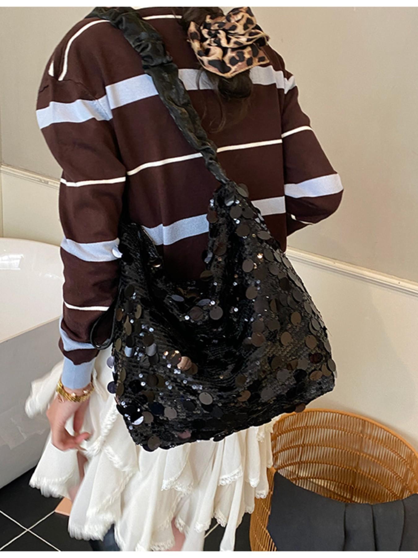 Luxury Sequined Handbag for Women, Silver Color, Large Capacity, Zip Closure, Party, Nightclub, Wedding, Concert