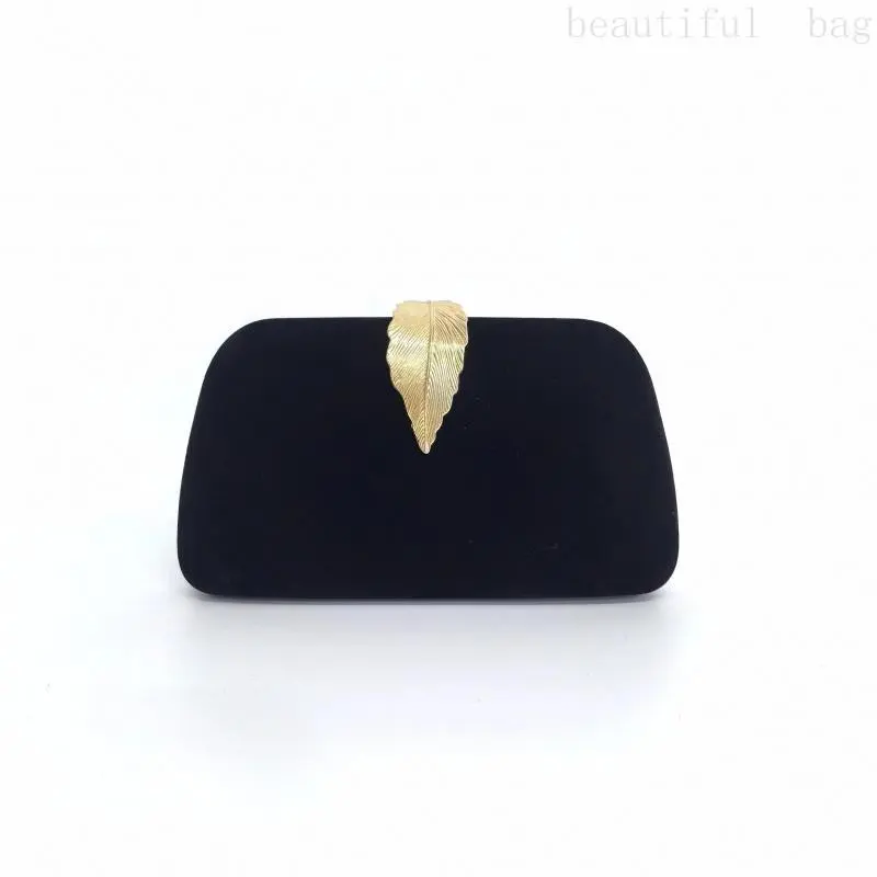 Elegant Black Velvet Clutch with Golden Leaf Clasp and Detachable Chain Strap - Women's Crossbody Box Bag for Formal Occasions