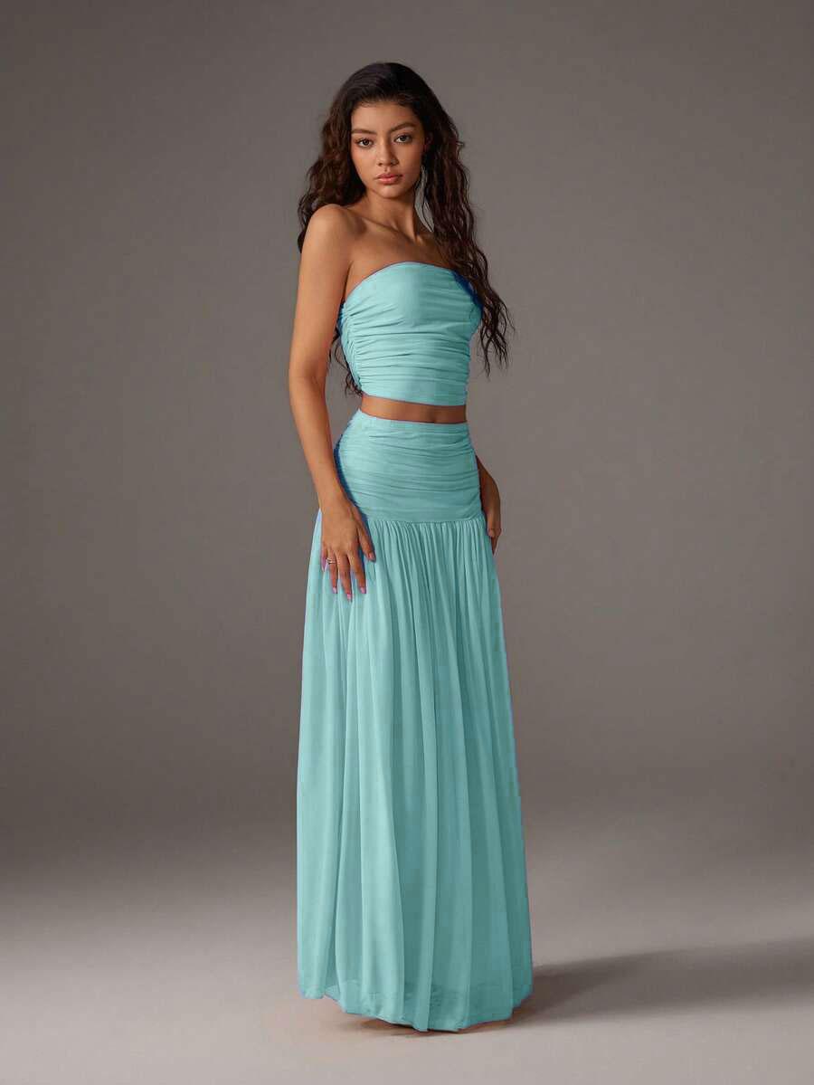 Women's Mesh Solid Color Halter Top Sleeveless and Long Dress Two-Piece Set, Breathable Summer Outfit, Elegant and Comfortable for Daily Wear, Neck Top Set