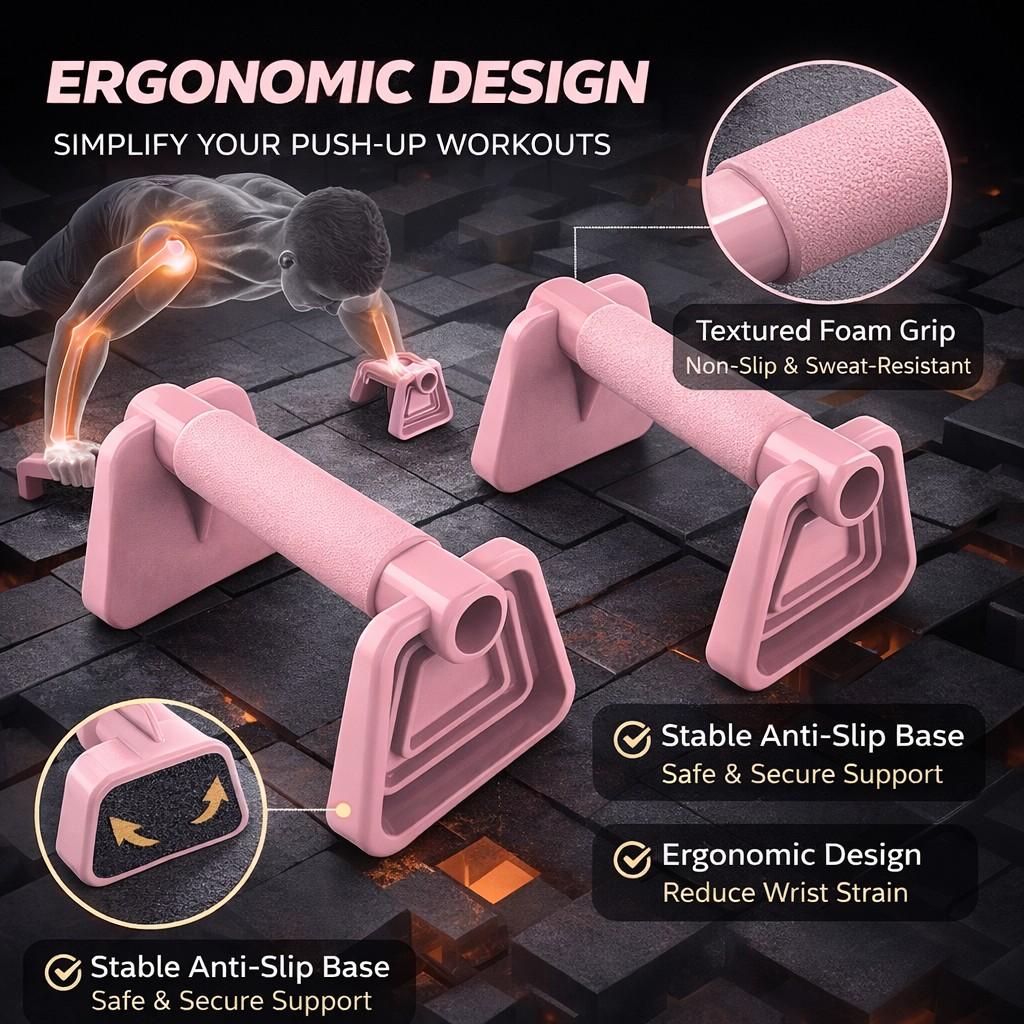 Home Fitness Push Up Bars Set – Ergonomic H‑Shape Push‑Up Handles for Chest, Arms & Shoulders | Adjustable Compact Workout Equipment for Men & Women | Durable PP Material, 4 Colors (Pink, Purple, Grey, Black)