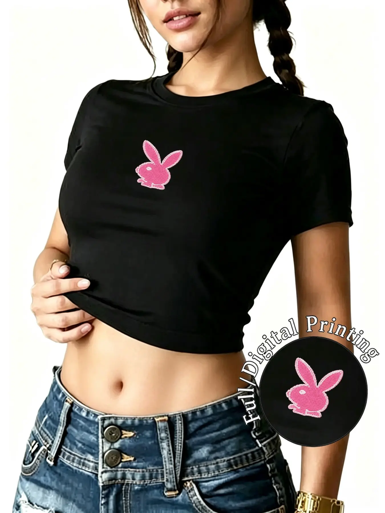 Vintage Playboy Bunny Logo Top, Sexy Slim-Fitting Graphic T-Shirt for Women, Unique Fashion Short Sleeve Tee, All Seasons Wear