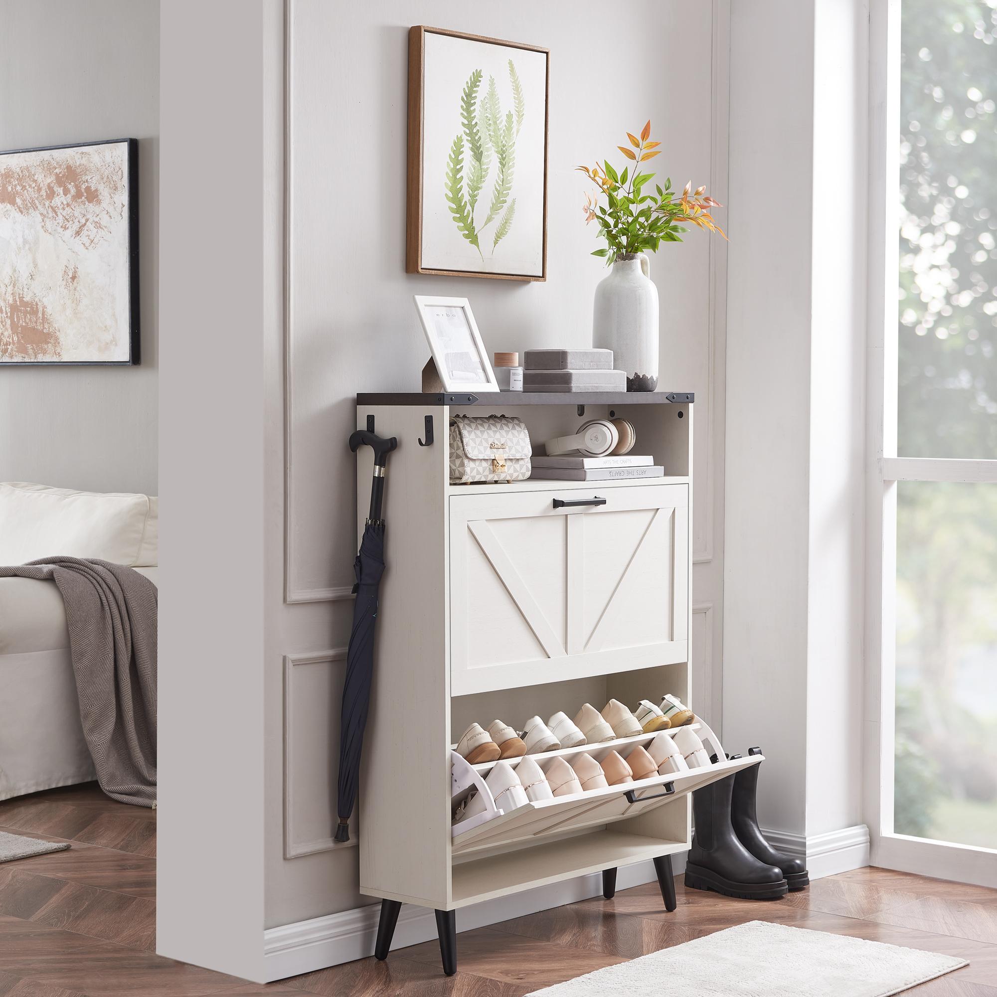 PieDle Furniture Shoe Storage Cabinet,Farmhouse Shoe Organizer with 2-4 Flip Drawers & Barn Door Design,Freestanding Hidden Slim Narrow Shoe Rack Cabinet with Open Storage for Entryway, Foyer,Hallway