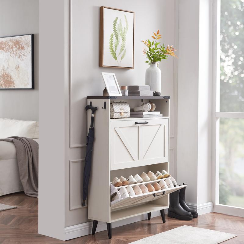 PieDle Furniture Shoe Storage Cabinet,Farmhouse Shoe Organizer with 2-4 Flip Drawers & Barn Door Design,Freestanding Hidden Slim Narrow Shoe Rack Cabinet with Open Storage for Entryway, Foyer,Hallway
