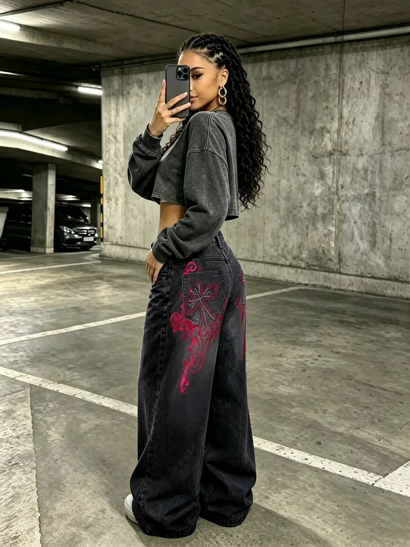 High Waist Black Washed Baggy Wide Leg Oversized Jeans for Women, Red Tribal Cross Embroidery Loose Fit Urban Hip Hop Denim Pants, Trendy Streetwear Trousers for US & Latin Girls Daily Casual Outfits