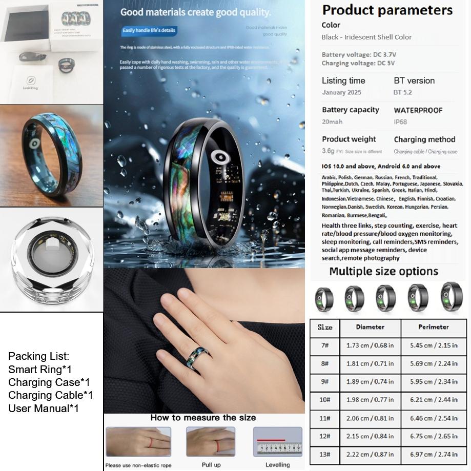 Colorful Abalone Shell Smart Ring, Step Counter Fitness Tracker, Sleep Monitor, Rechargeable USB, Wireless, Battery-Powered