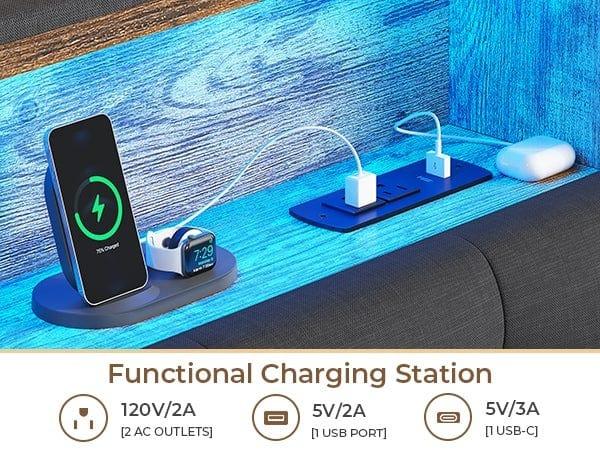 Sikaic Upholstered Platform Bed Frame with LED Lights & Charging Station Hidden Storage Headboard and 4 Drawers Linen Dark Grey Furniture Home Bedroom Bedframe