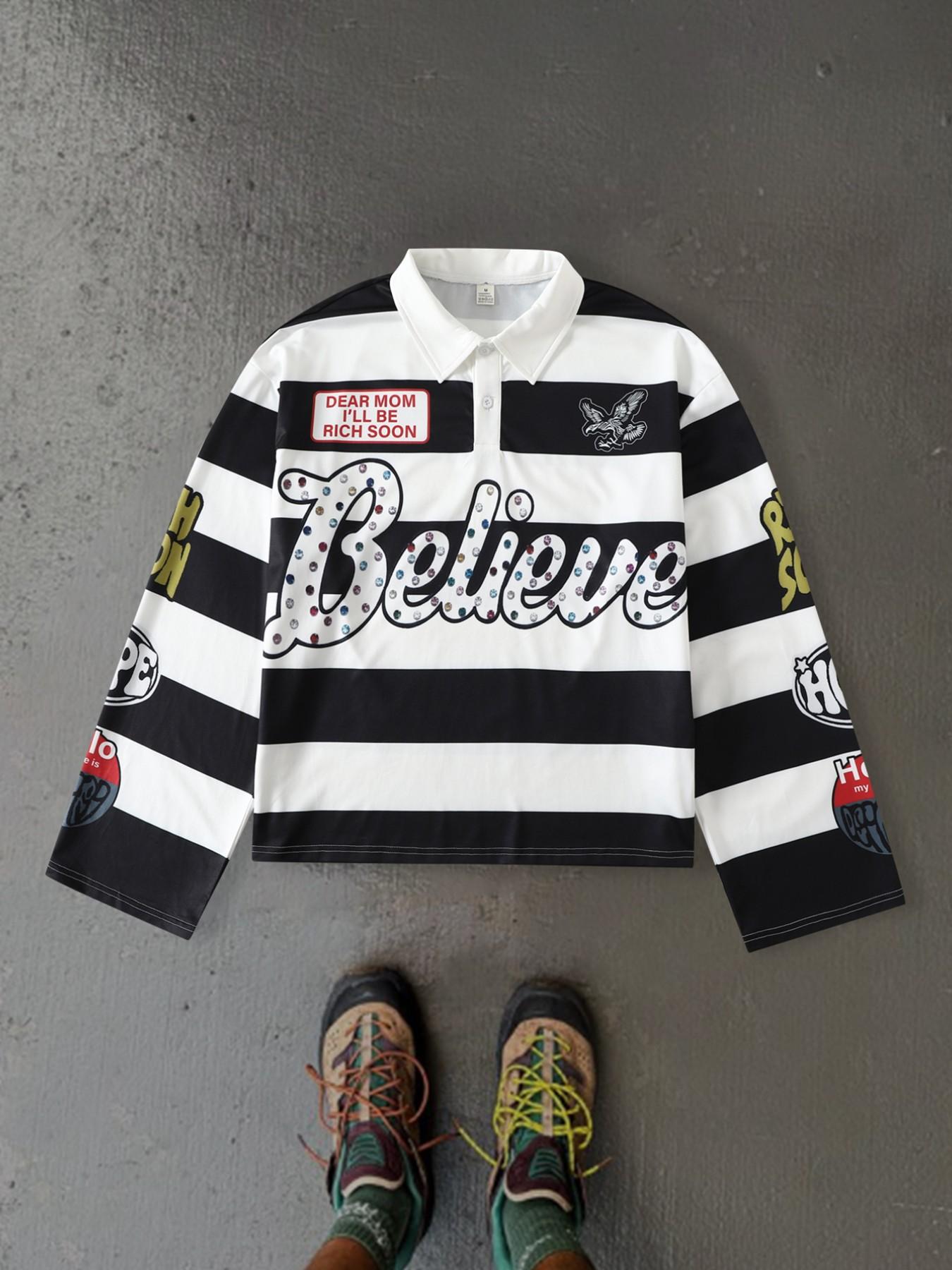 Y2K Style Striped Polo Shirt, Vintage Streetwear Long Sleeve Top 
