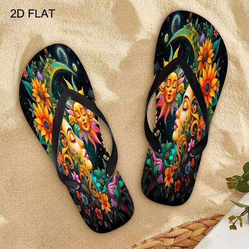 Women's Flip - Flops, Multiple Colors & Sizes Available, Floral Celestial Art Design, Comfortable Lightweight, for Daily Wear & Beach, Stylish Fashion Sandals for Ladies, Women Shoes
