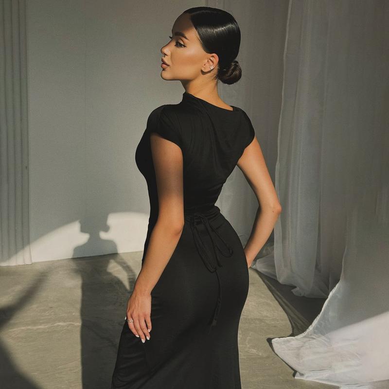 Solid Color Short Sleeve Bodycon Maxi Dress with Ribbon Women's 2025 Summer Fall New Casual Elegant Party Club Ruched Back Lace Up Bandage Patchwork Long Dresses Clothing Vacation Outfits