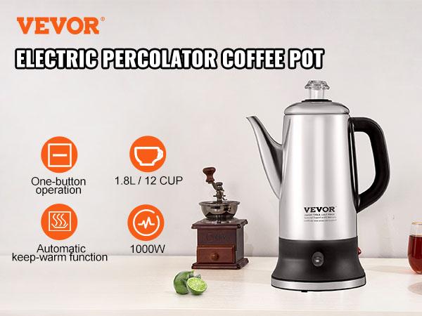 VEVOR 12-Cup Electric Percolator Coffee Pot, 304 Stainless Steel Coffee Percolator with Keep Warm Function Heat-Resistant Handle, Classic Coffee Maker, Quick Brew Easy-Pour Spout, Silver