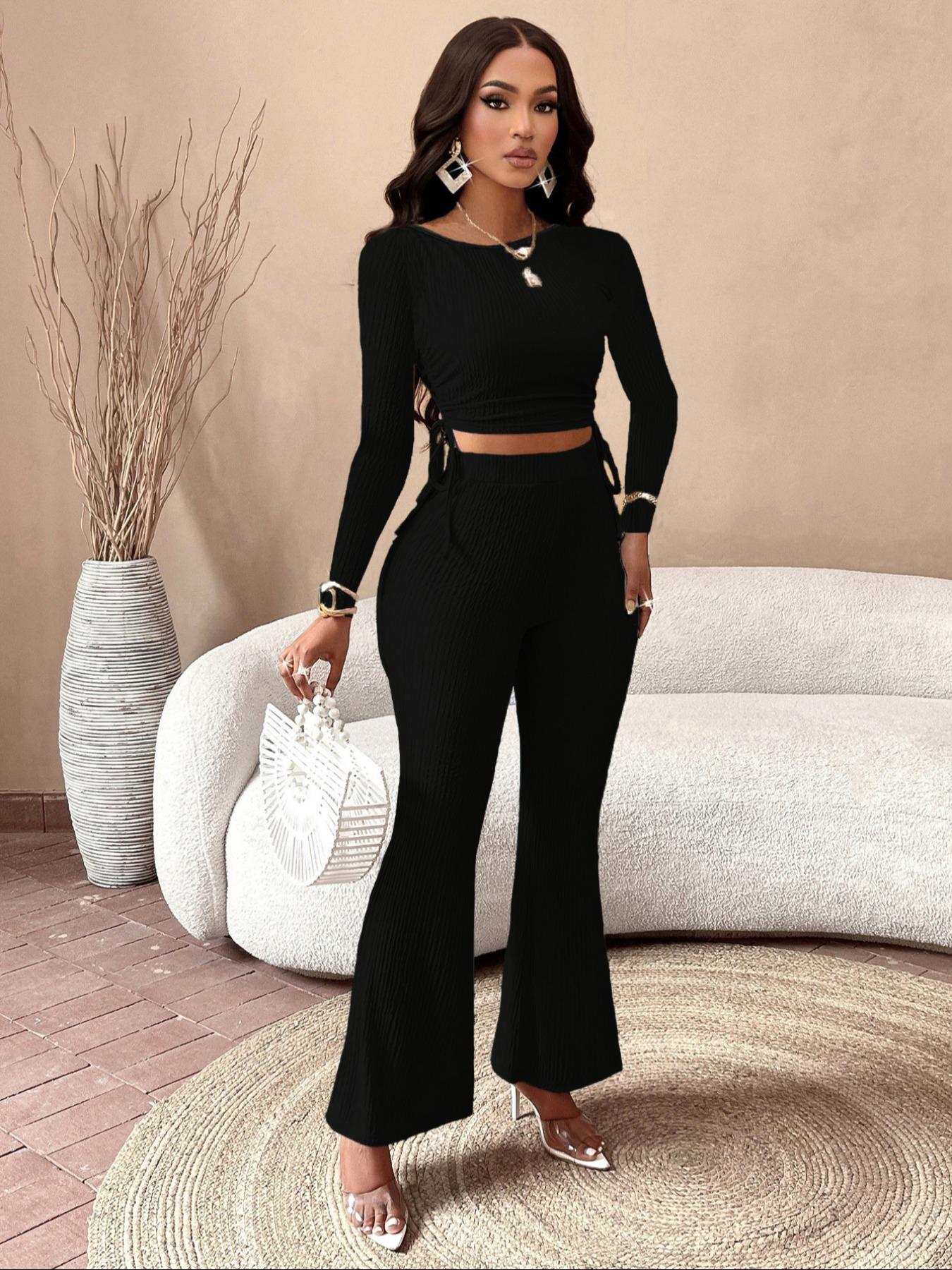 Women's Solid Long Sleeve Crop Top & Flare Leg Pants Two-piece Set, Elegant Fashion Casual Drawstring Top & Bell Bottom Trousers for Daily Outdoor Wear, Women's Clothing for Fall & Winter