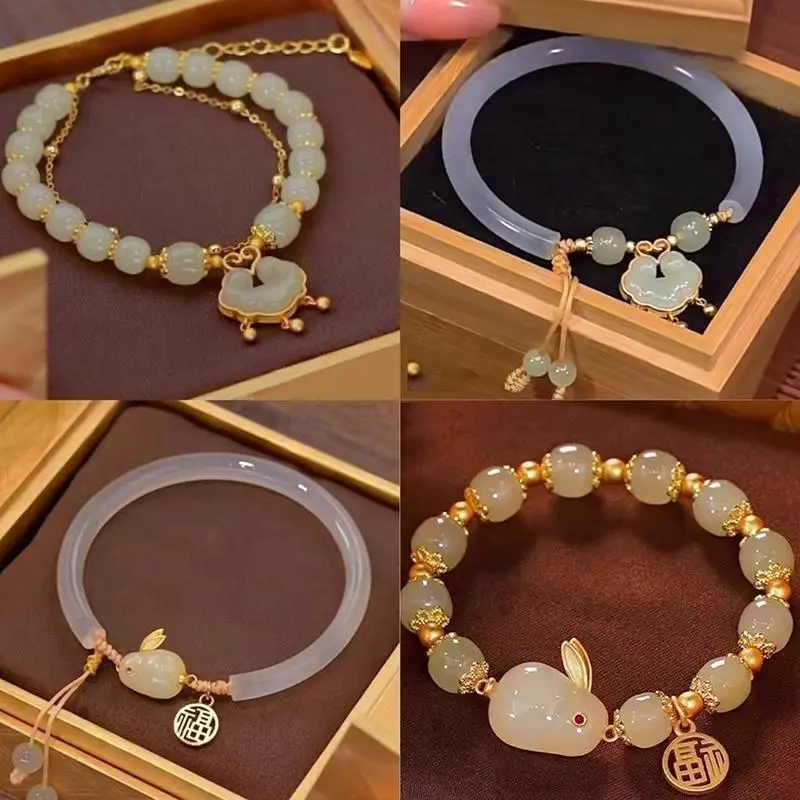 Rabbit Bracelet Pendant Round Beaded Bracelet Adjustable Vintage Beads Bracelets Chinese Style Vintage Hand Ornaments Jewelry