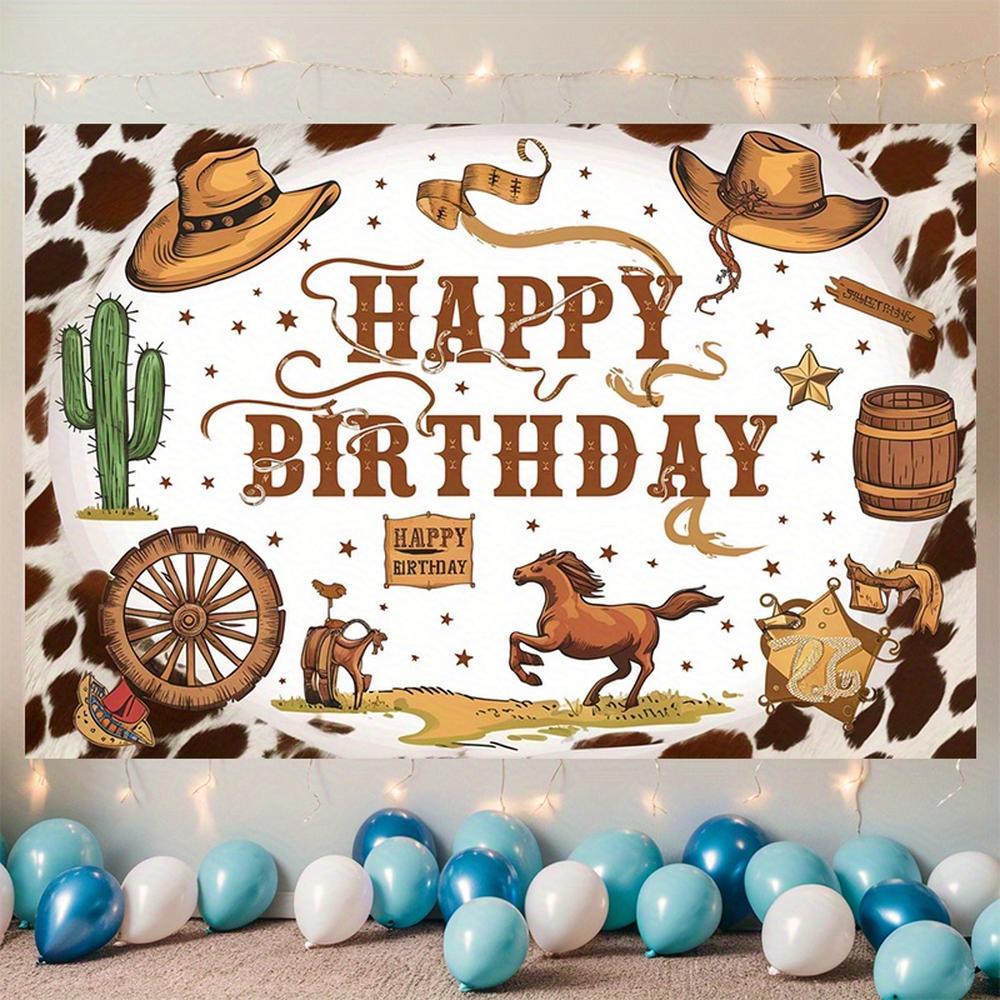 1pc Western Cowboy Birthday Party Banner - Vibrant Polyester Backdrop with "HAPPY BIRTHDAY" Text, Cacti, Horseshoes, and Cowboy-Themed Illustrations for Home, Room, or Wall Decor, Perfect for W