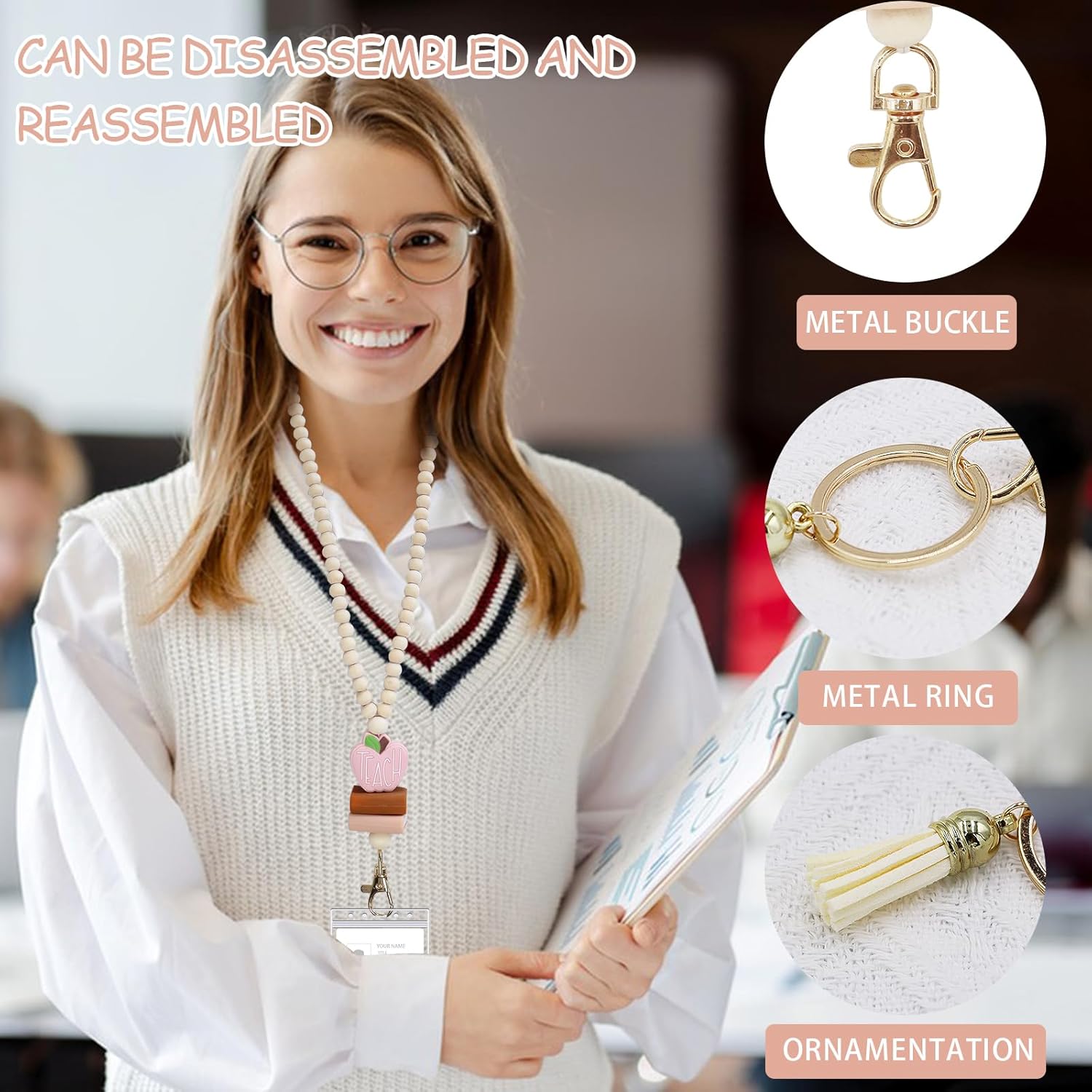 Wooden Beaded Id Card Lanyard for Women with ID Holder, Fashion Heart-Beaded Lanyard for Identification Badges (Office Supplies)