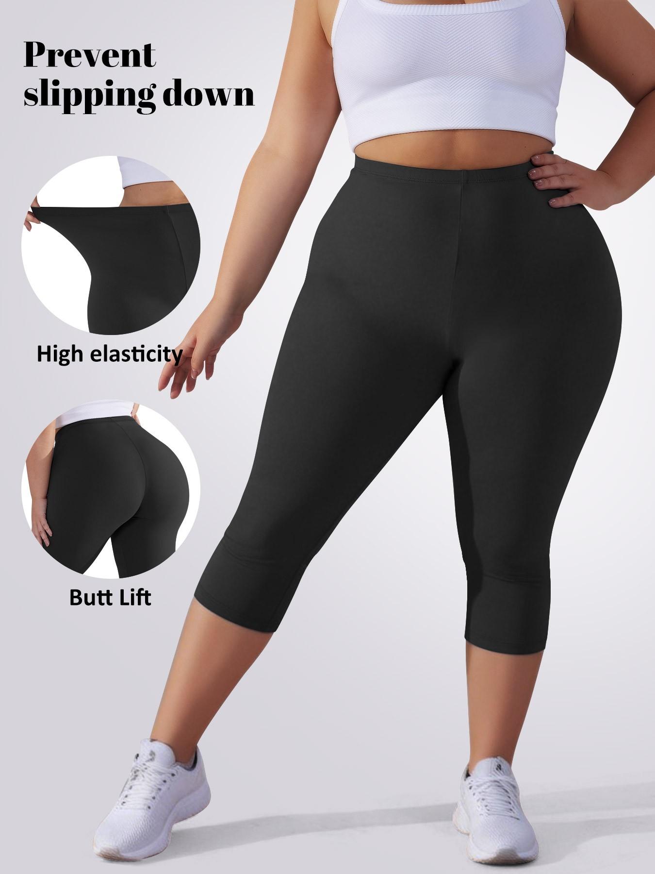 Plus Size Women's 3/4 Leggings, Stretchy Design, Soft Fabric, Suitable for Summer Wear, Solid Color Style for Comfort and Style