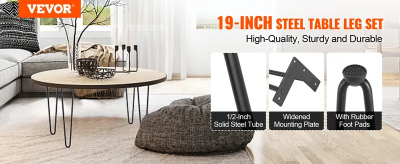 【toolupgrade】19" Hairpin Furniture Legs, Metal Home DIY Projects for Nightstand, Coffee Table, Desk, 500lbs Load Capacity with Rubber Floor Protectors, Metal Heavy Duty Sturdy Modern Table Legs, 4PCS Black