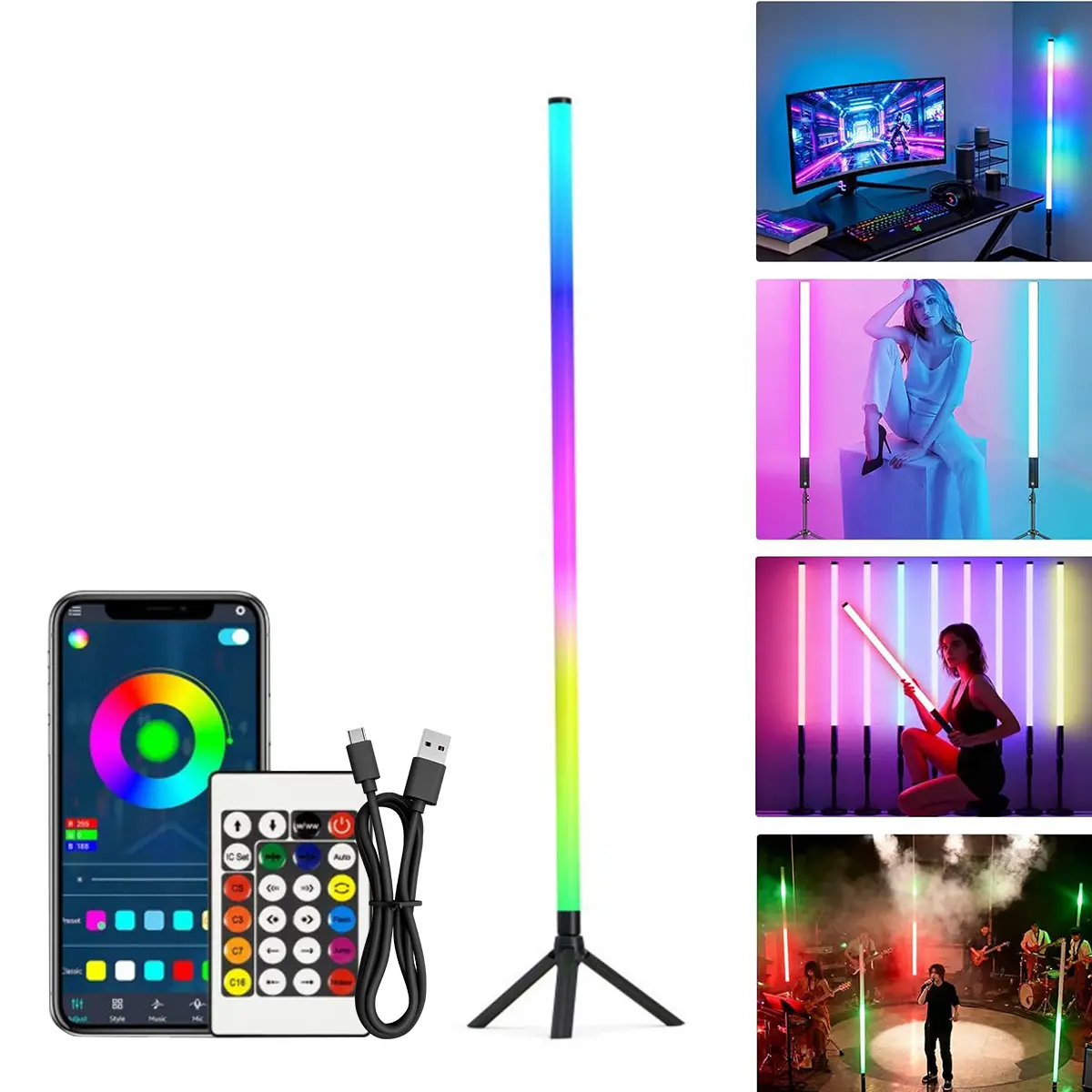 USB Powered LED Mood Floor Lamp – 16 Million Colors RGB 360° Ambient Light, APP + Remote Control, Music Sync Reactive Modes, Adjustable Brightness, Tripod Stand No Drill, for Bedroom Living Room Gaming Streaming Setup Home Decor