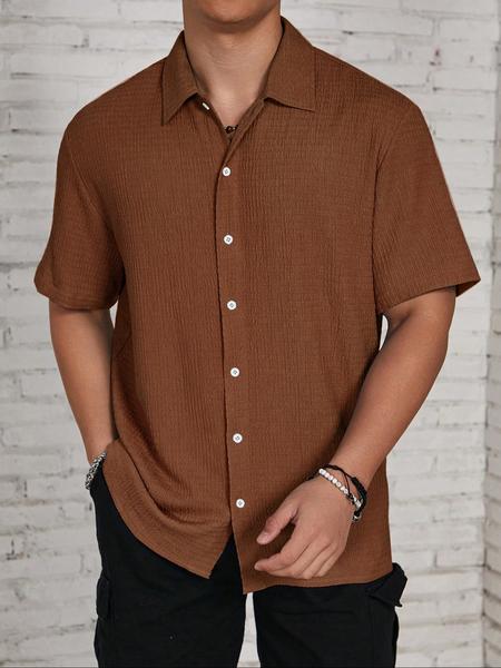 Men's Textured Button Front Shirt, Casual Regular Fit Short Sleeve Collared Top for Summer, Summer Leisure Top 2024, National Day Clothing, Men's Clothes for Daily Wear, Menswear