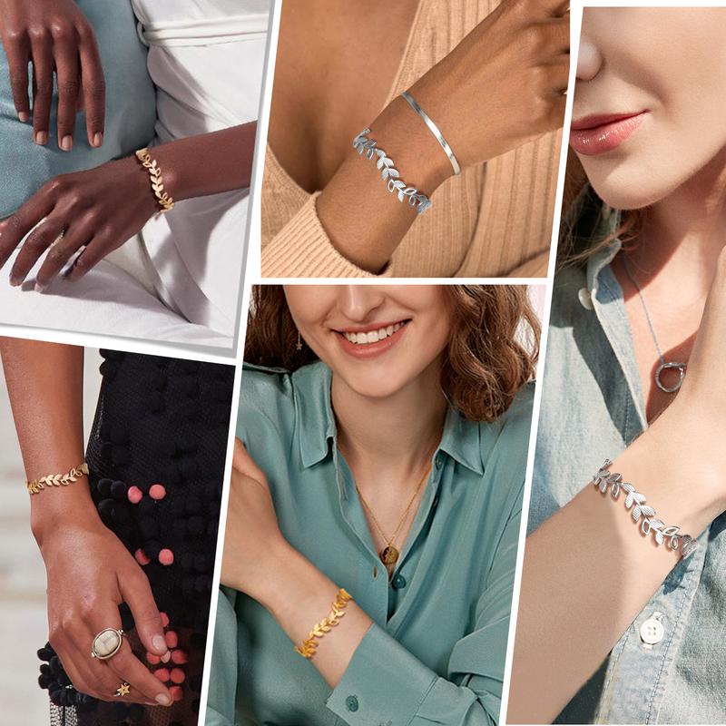 FindChic Olive Leaf Bangle Bracelets Stainless Steel Open Arm Cuff Bracelets Bohemian Wrist Cuffs Greek Goddess Accessories Unisex For Women Girlfriend