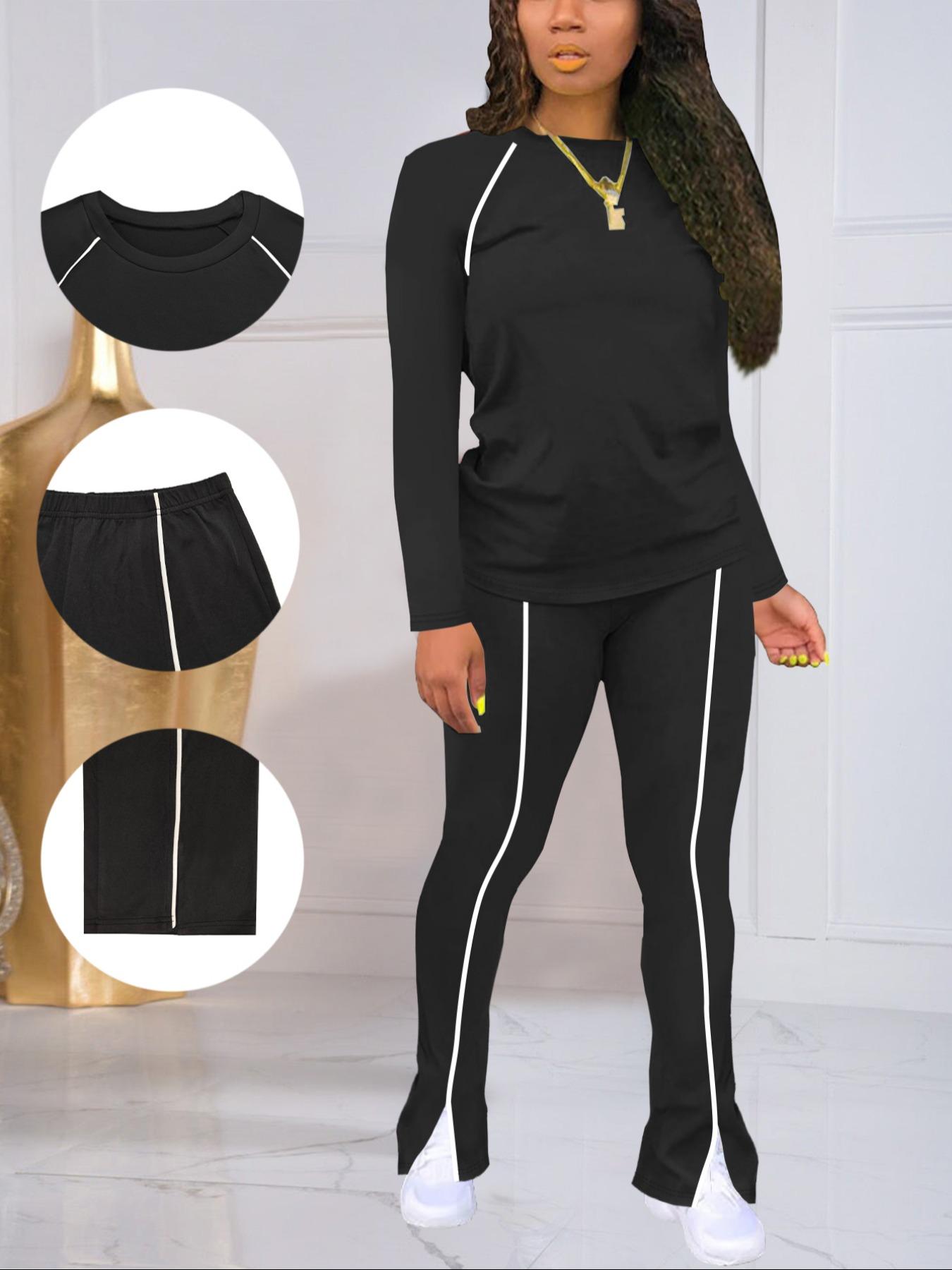 Women's Fashion New Round Neck Solid Color Patch Long Sleeve Top & Pants Set, Two-Piece for Casual Wear