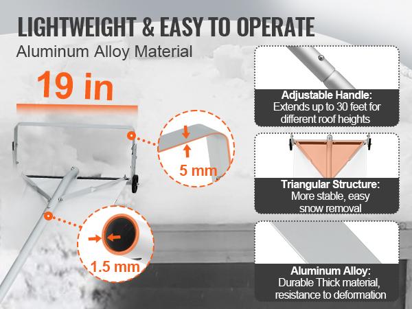 VEVOR Snow Roof Rake, 30ft Reach Aluminium Roof Shovel with Slide Cloth, Premium 19 Blade Snow Removal Tool, Safe on Roof with Roll Wheels, Anti-Slip Handle, Use for House Roof, Car Snow, Wet Leaves