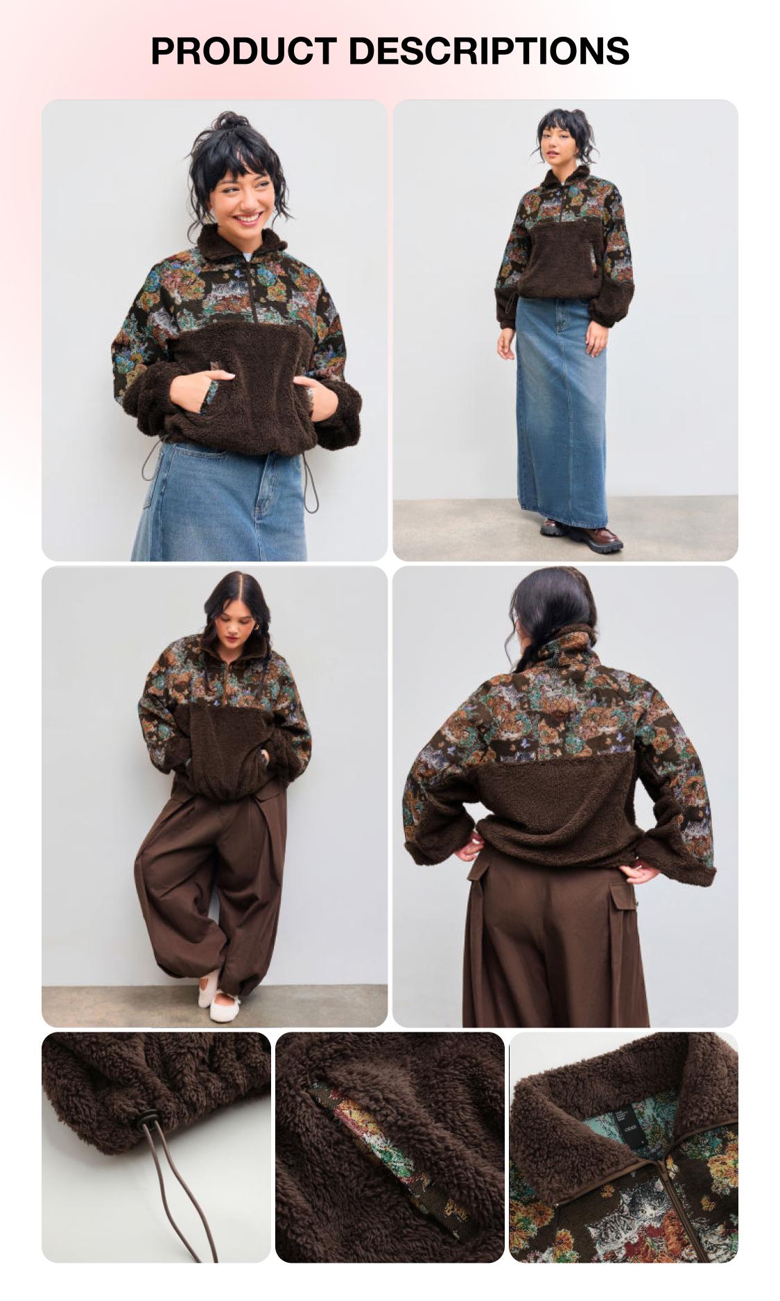 Cider Fleece Collar Floral Cat Knotted Sweatshirt With Adjustable Drawstrings, Christmas Gift Guide, Womenswear Grandmacore SpringStatements