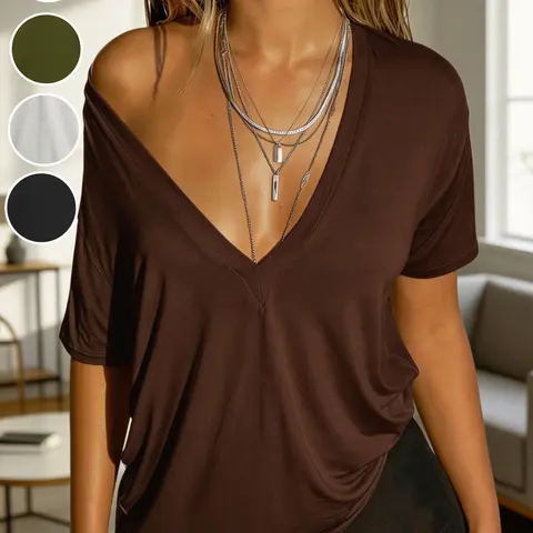 Women's Sexy Deep V Drop Shoulder Plain T-Shirt, Loose-Fit Short Sleeve Top, Slimming and Versatile, Casual Daily Wear, Hot Girl Street Style, Minimalist