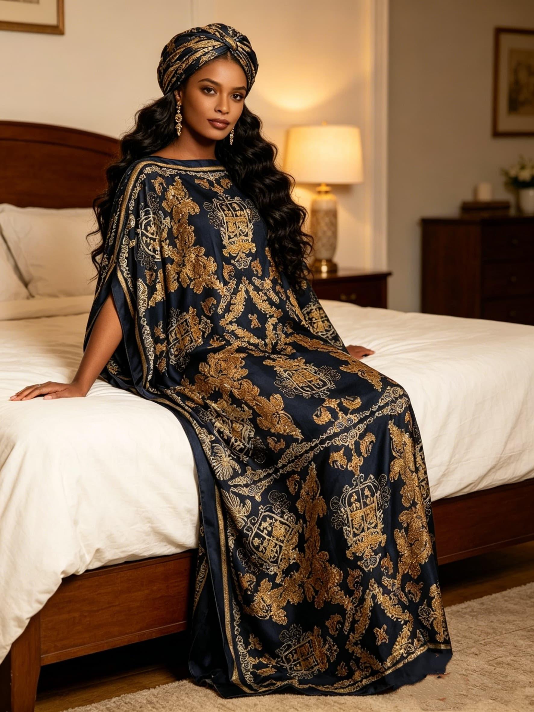 2026 New Women's 2 Piece Black Gold Baroque Print Kaftan Maxi Dress with Matching Headscarf, Silky Loose Pleated Robe, Plus Size Friendly, Beach Cover Up, Resort Vacation & Luxury Evening Party Wear