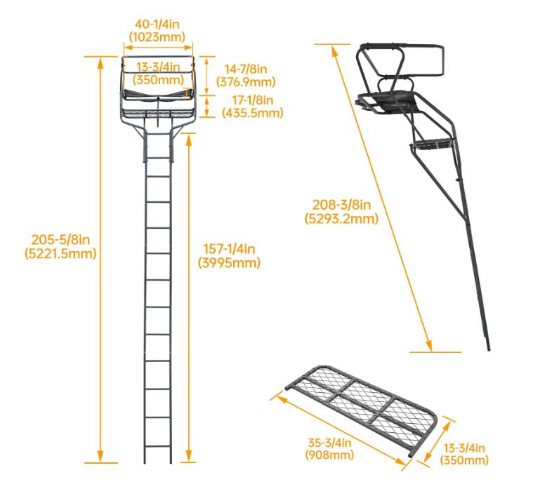 HECASA 2 Person Ladder Stand, 18Foot Deer Hunting Ladder Climbing Tree Stand, Steel Tree Step with Mesh Seat and Flip-up Shooting Rail, 500LBS Outdoor