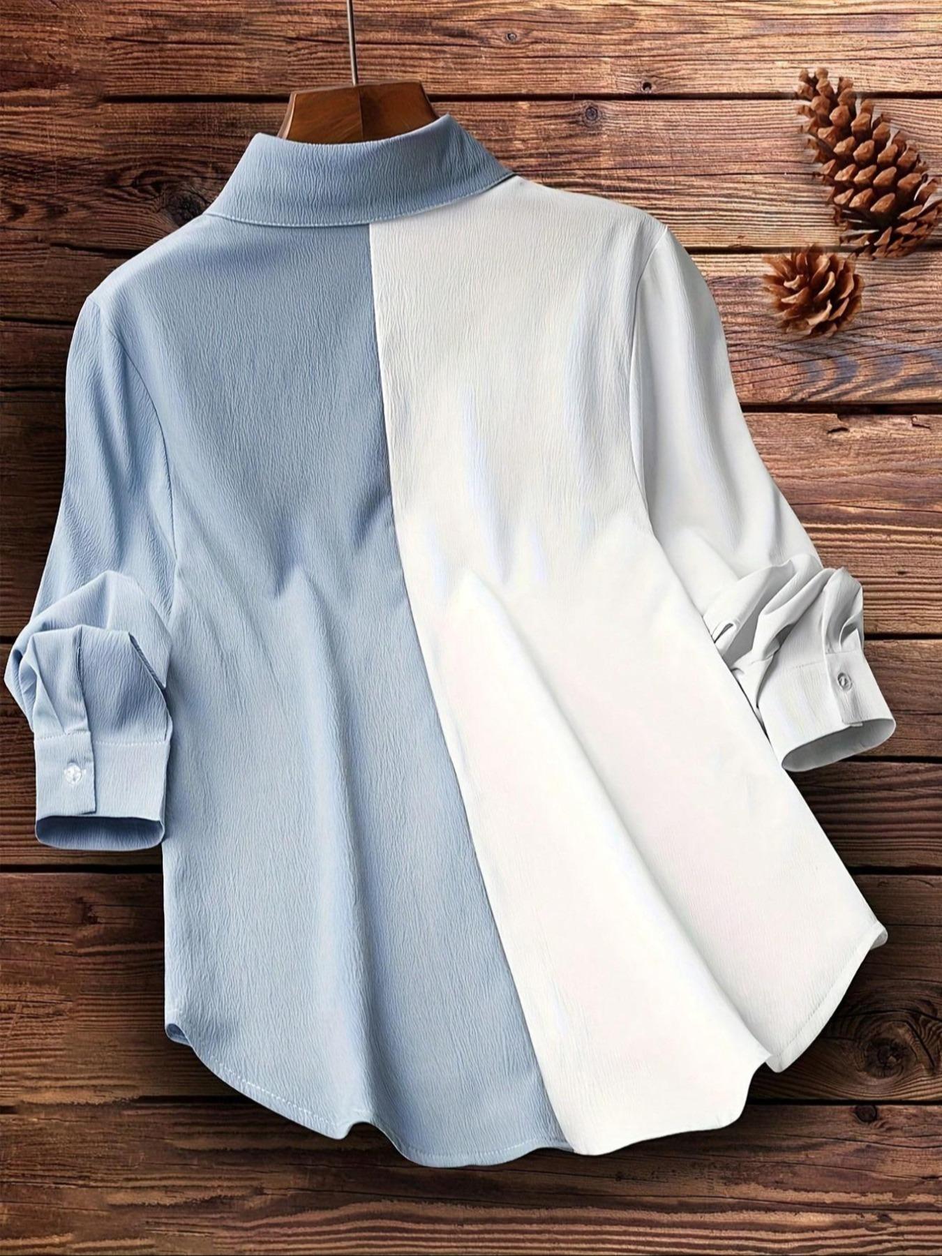 Women's Patchwork Curved Hem Shirt, Casual Long Sleeve Collared Top for Summer, Ladies Clothes for Daily Wear, Blouse, Casual Business Top