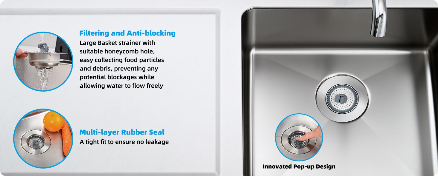 Hibbent 3 in 1 Kitchen Sink Drain Strainer and Stopper Combo, Stainless Steel Metal Pop Up Sink Stopper, SUS304 Anti-Clogging Basket Strainer with Handle for US Standard 3-1/2" Drain Hibbent 3 in 1 Kitchen Sink Drain Strainer and Stopper Combo, Stainless Steel Metal Pop Up Sink Stopper, SUS304 Anti-Clogging Basket Strainer with Handle for US Standard 3-1/2" Drain