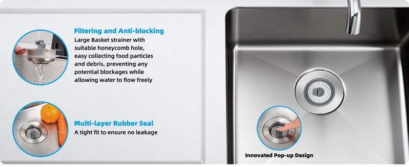 Hibbent 3 in 1 Kitchen Sink Drain Strainer and Stopper Combo, Stainless Steel Metal Pop Up Sink Stopper, SUS304 Anti-Clogging Basket Strainer with Handle for US Standard 3-1/2" Drain